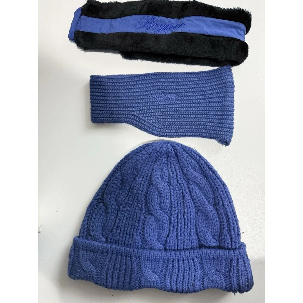 3 PIECE SET BLUE BOGNER WOMENS SKI HEAD BANDS & HAT FUR NYLON KNIT W